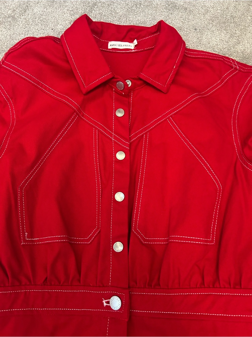 Avec Les Filles Red Long-Sleeve Button Dress with Contrast Stitching - Picture 2 of 8
